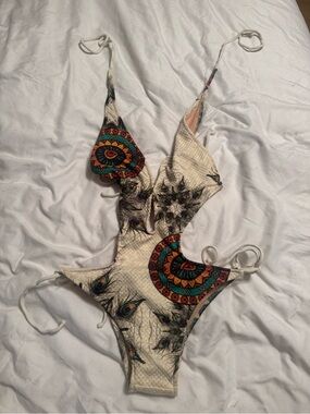 Cream One-Piece Swimsuit with Multicolor Mandala Print